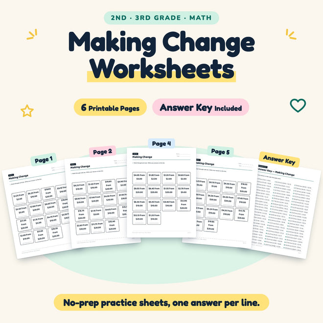 Making Change Worksheets | 2nd–3rd Grade Math (6 Pages) — cover