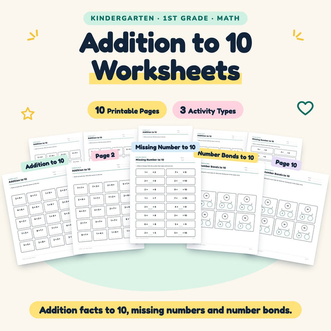 10 Addition to 10 Worksheets - No Prep Math Facts K-1 — cover