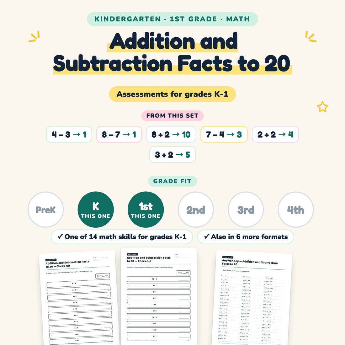 Addition and Subtraction Facts to 20: skill and grade fit