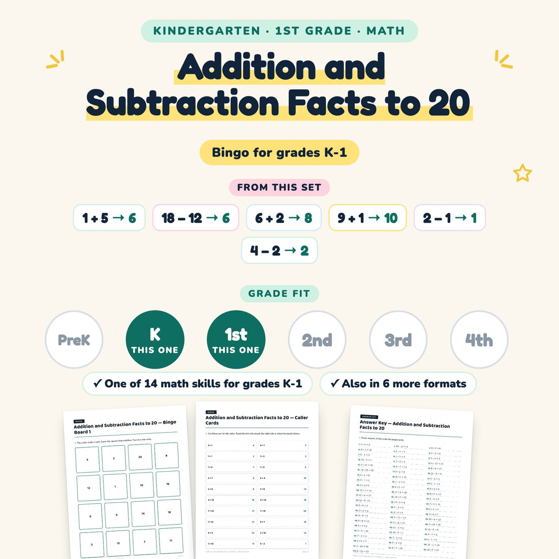 Addition and Subtraction Facts to 20: skill and grade fit