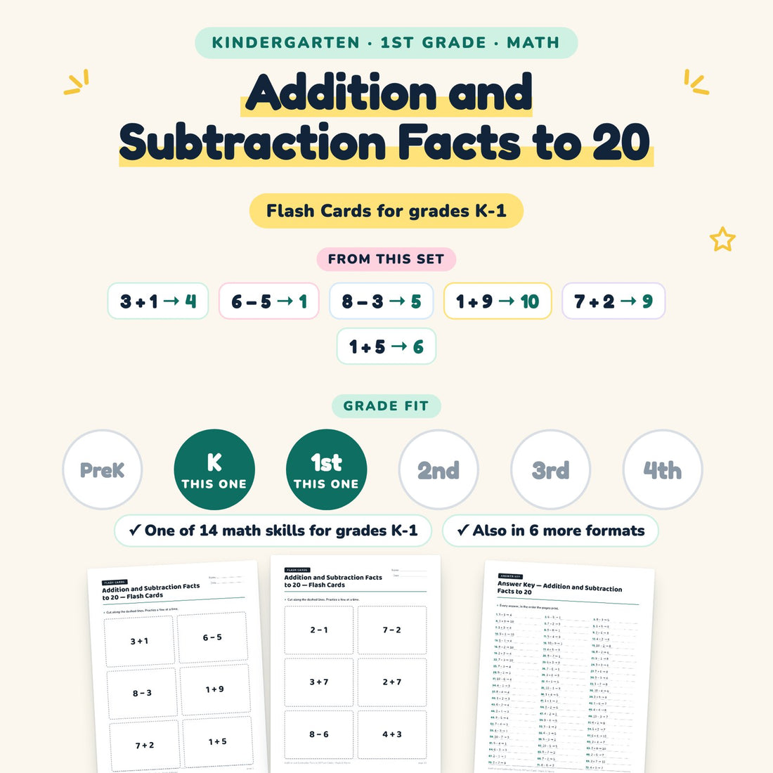 Addition and Subtraction Facts to 20: skill and grade fit
