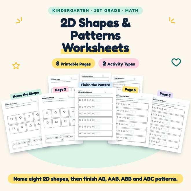 8 2D Shapes and Patterns Worksheets - No Prep Math K-1 — cover