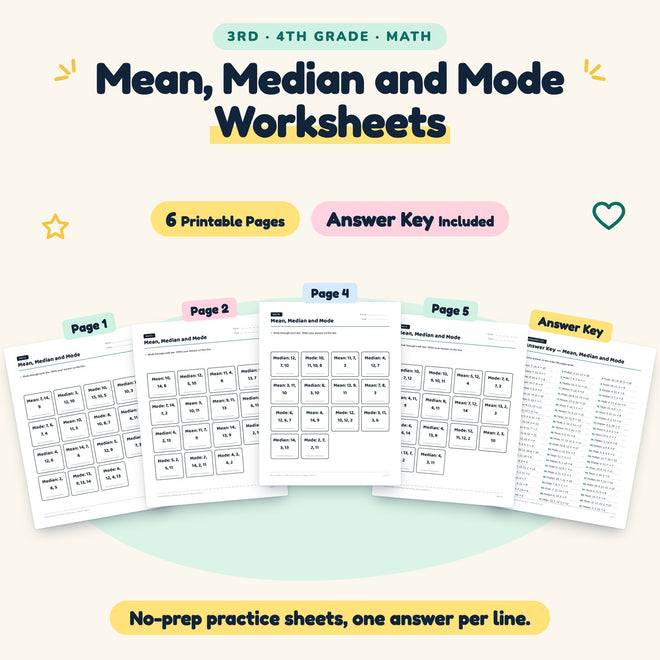 6 Mean, Median and Mode Worksheets — cover