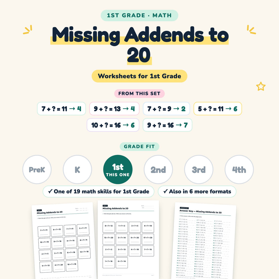Missing Addends to 20: skill and grade fit