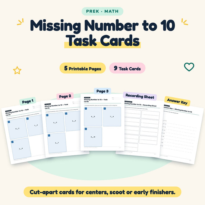 9 Missing Number to 10 Task Cards — cover