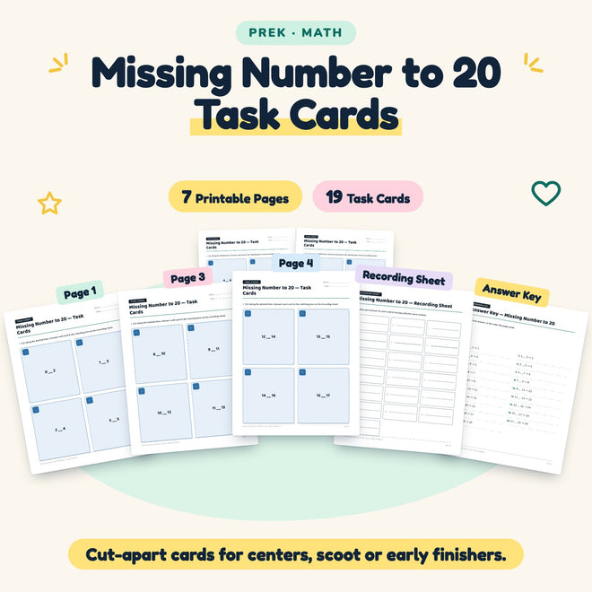 19 Missing Number to 20 Task Cards — cover