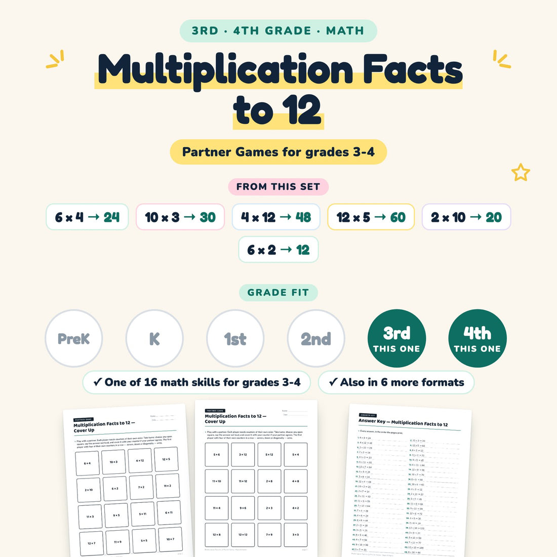 Multiplication Facts to 12: skill and grade fit