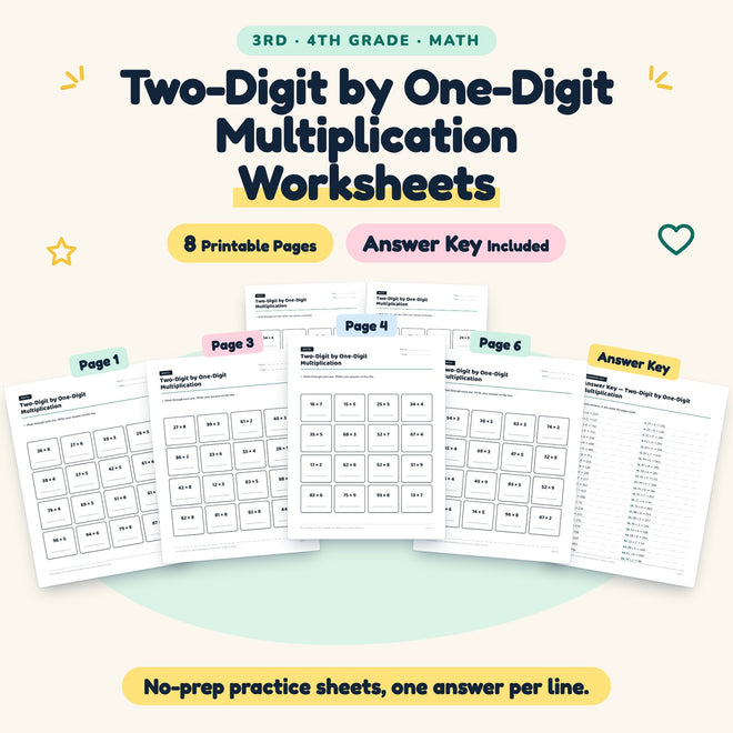 8 Two-Digit by One-Digit Multiplication Worksheets — cover