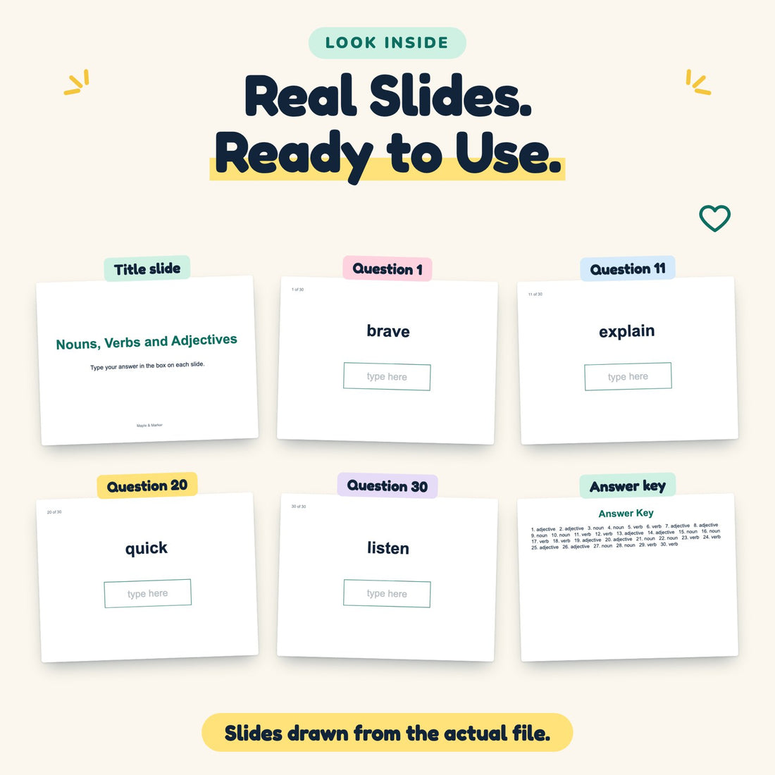 Nouns, Verbs and Adjectives digital deck: look inside