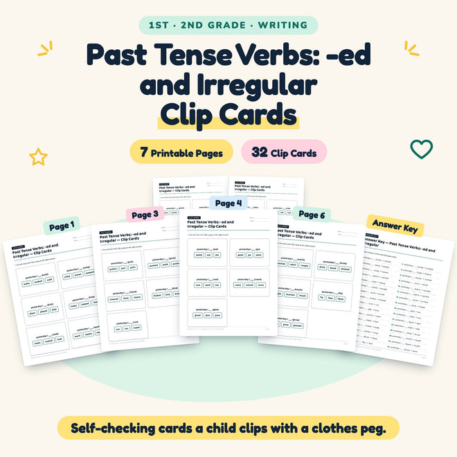 32 Past Tense Verbs: -ed and Irregular Clip Cards — cover