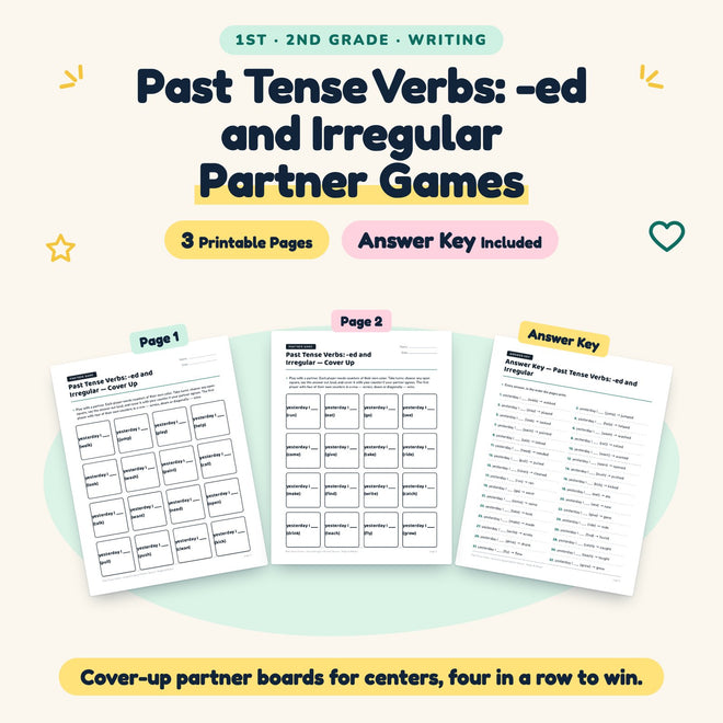 3 Past Tense Verbs: -ed and Irregular Partner Games — cover