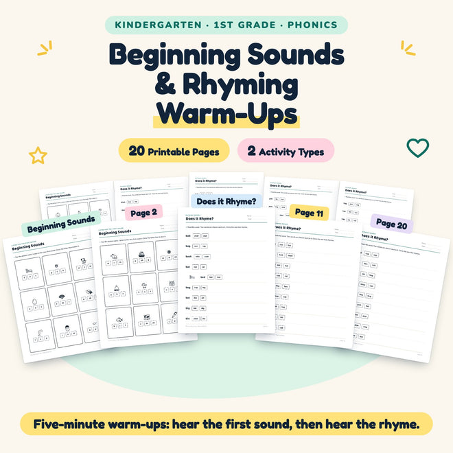 Beginning Sounds & Rhyming Worksheets - Phonics Warm-Ups K-1 — cover