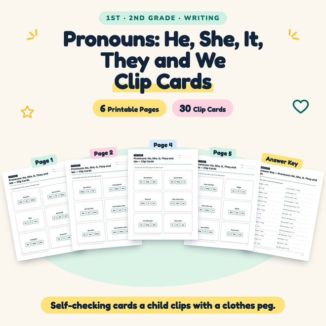 30 Pronouns: He, She, It, They and We Clip Cards — cover