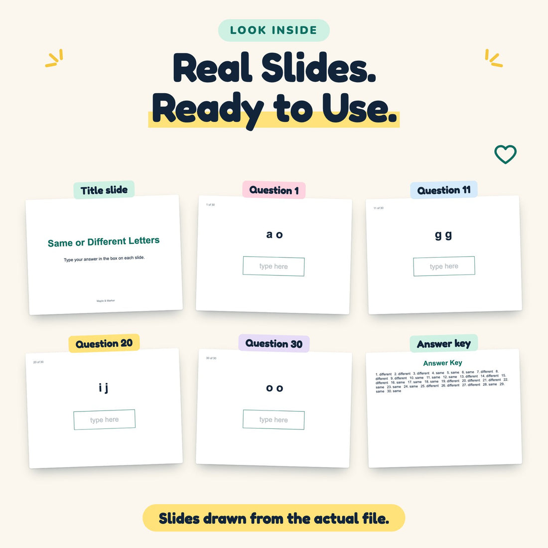 Same or Different Letters digital deck: look inside