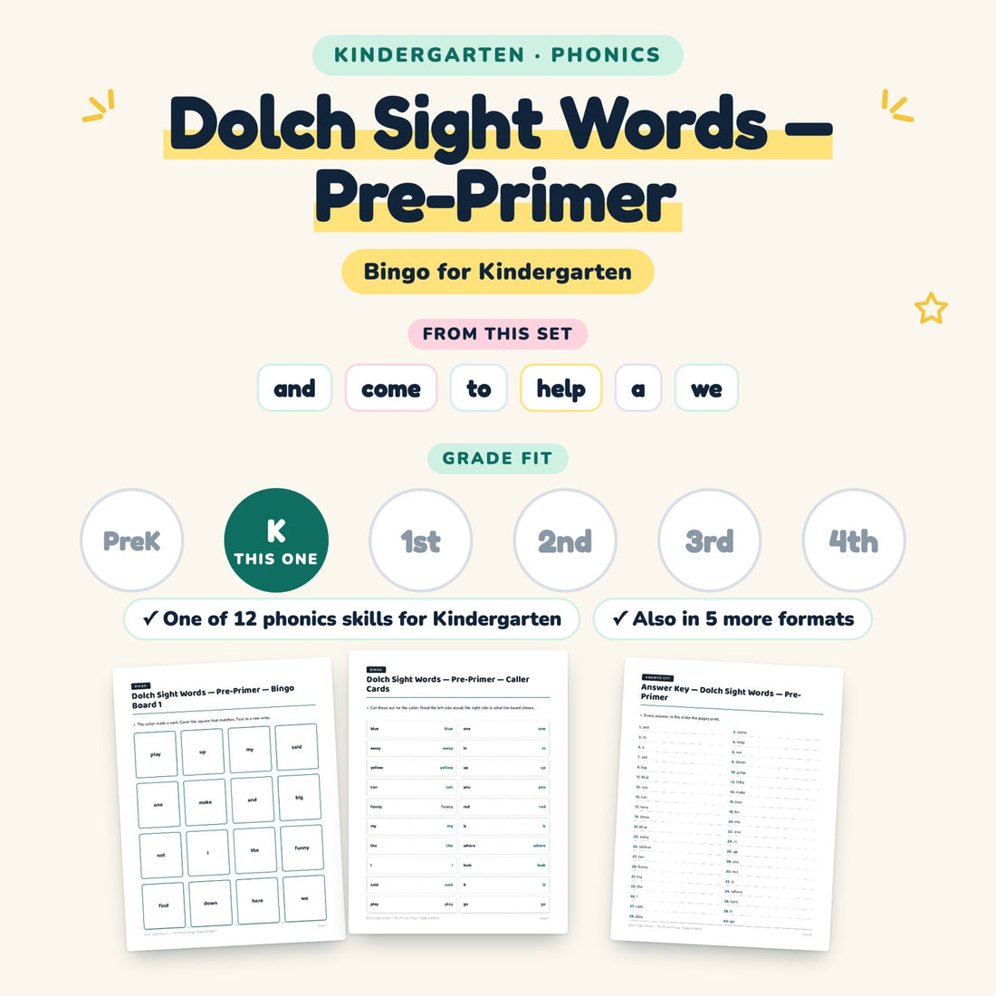 Dolch Sight Words — Pre-Primer: skill and grade fit