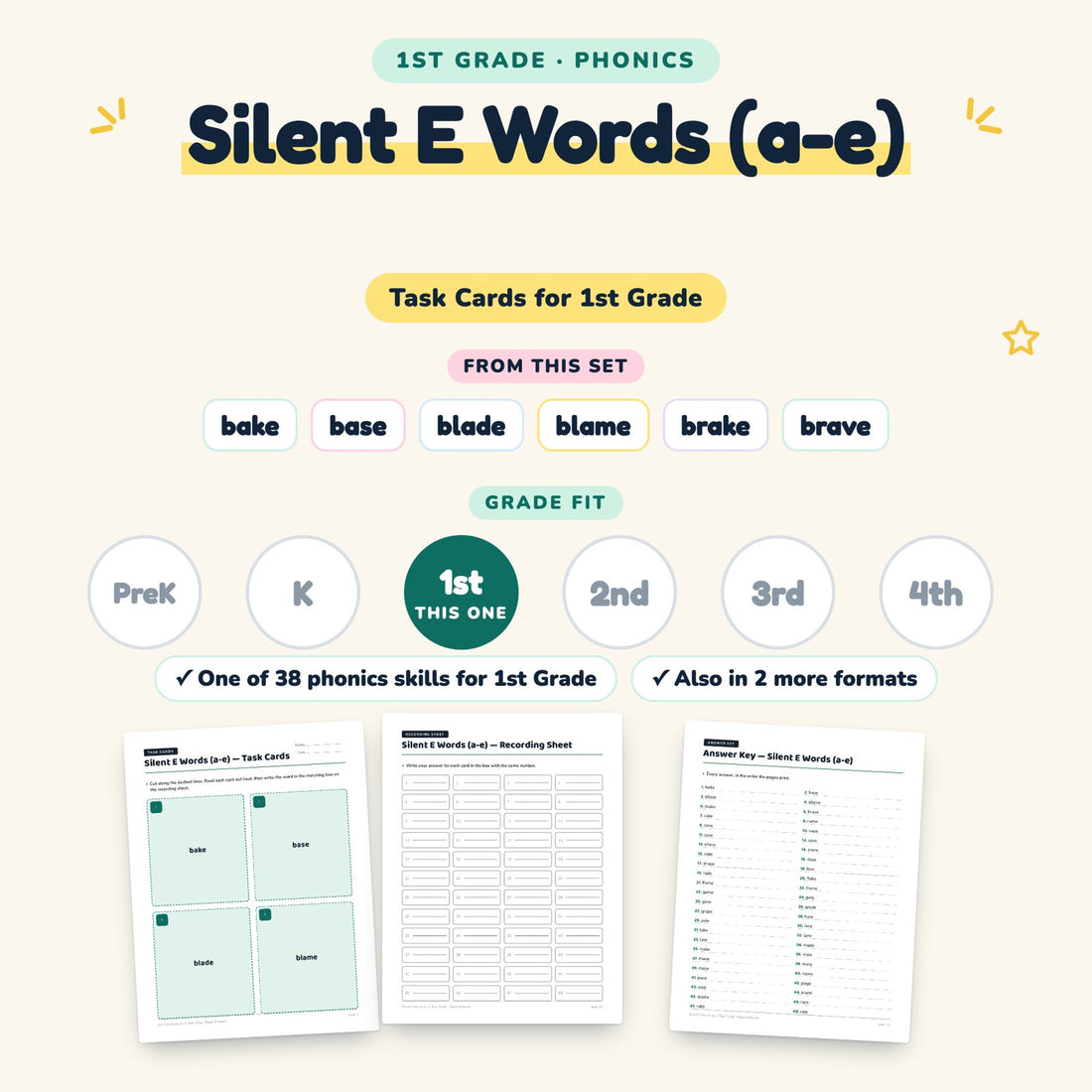 Silent E Words (a-e): skill and grade fit