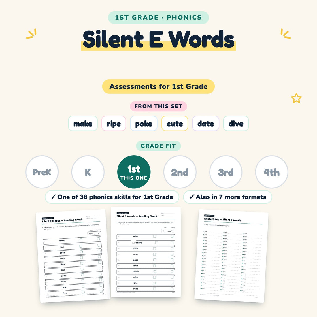 Silent E Words: skill and grade fit