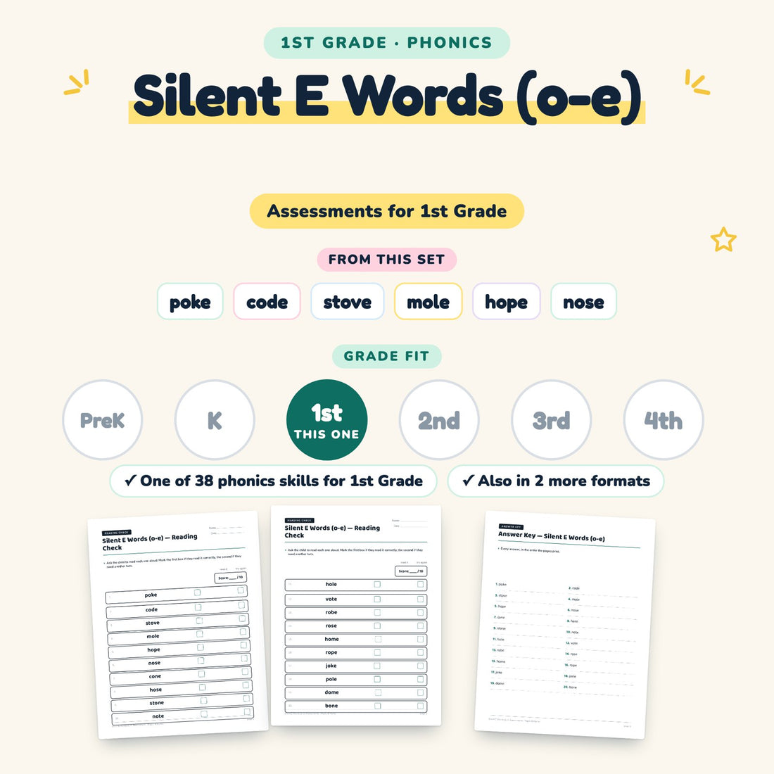 Silent E Words (o-e): skill and grade fit