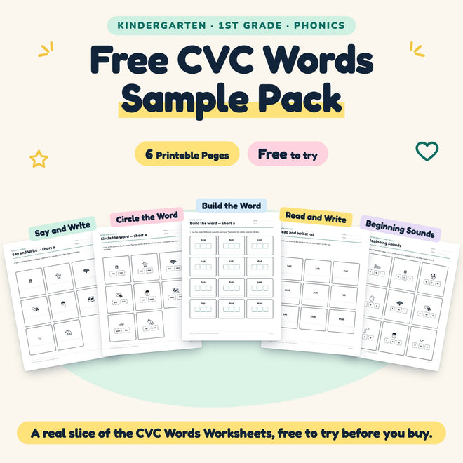 FREE CVC Words Worksheets Sample - 6 No Prep Phonics Printables — cover
