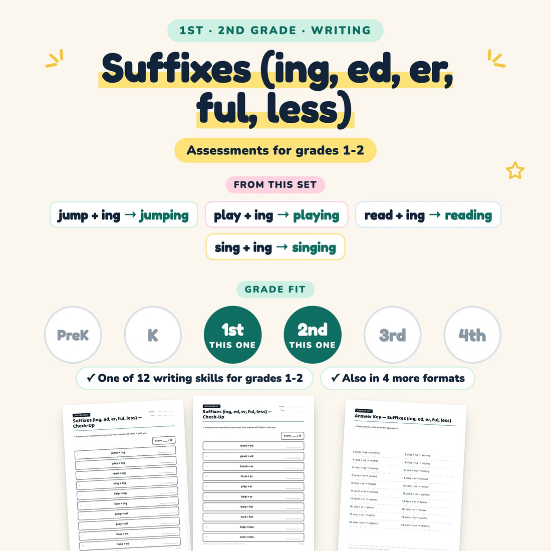 Suffixes (ing, ed, er, ful, less): skill and grade fit
