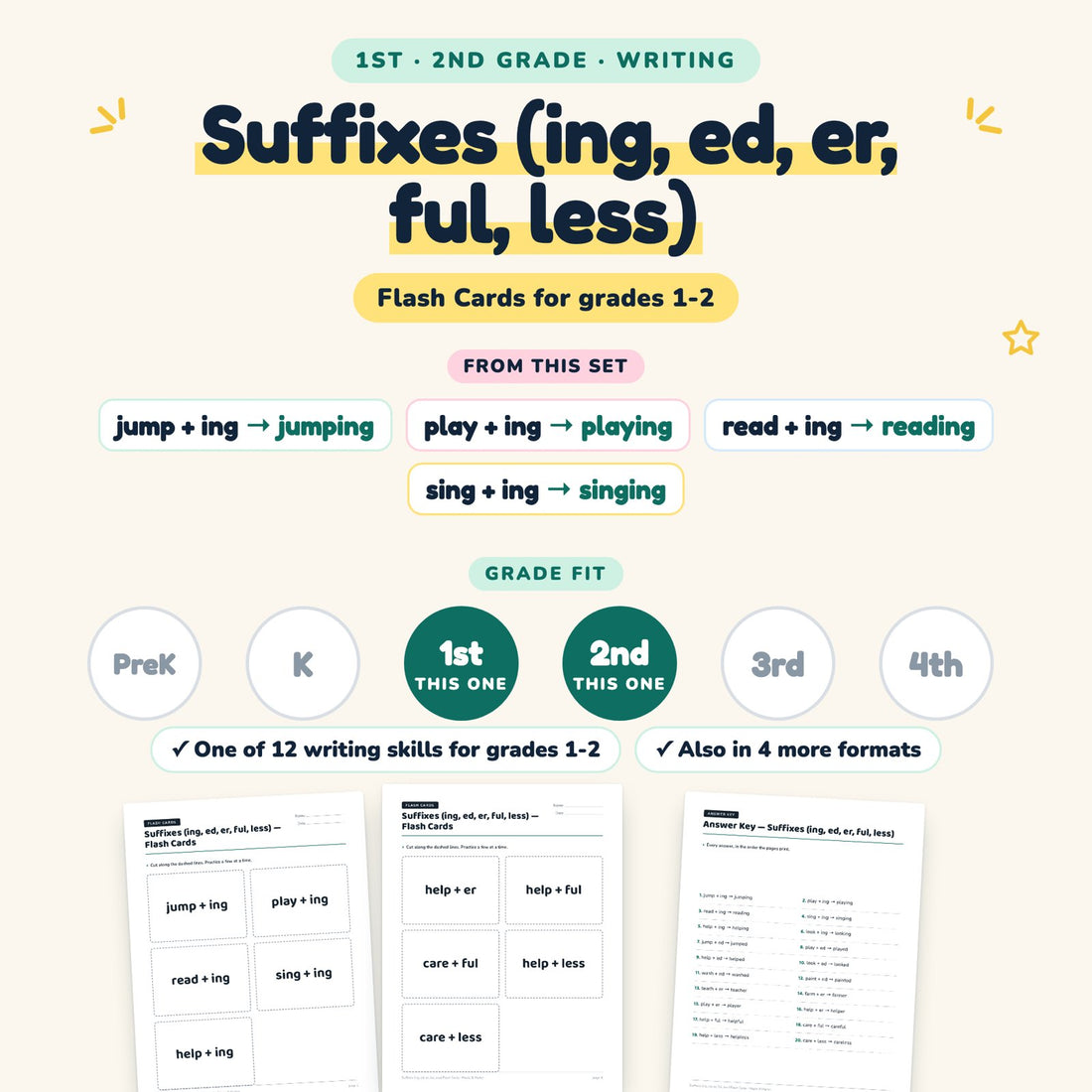 Suffixes (ing, ed, er, ful, less): skill and grade fit