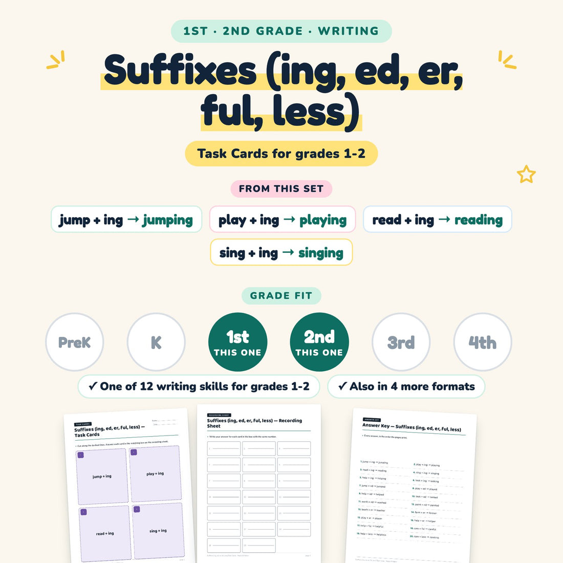 Suffixes (ing, ed, er, ful, less): skill and grade fit