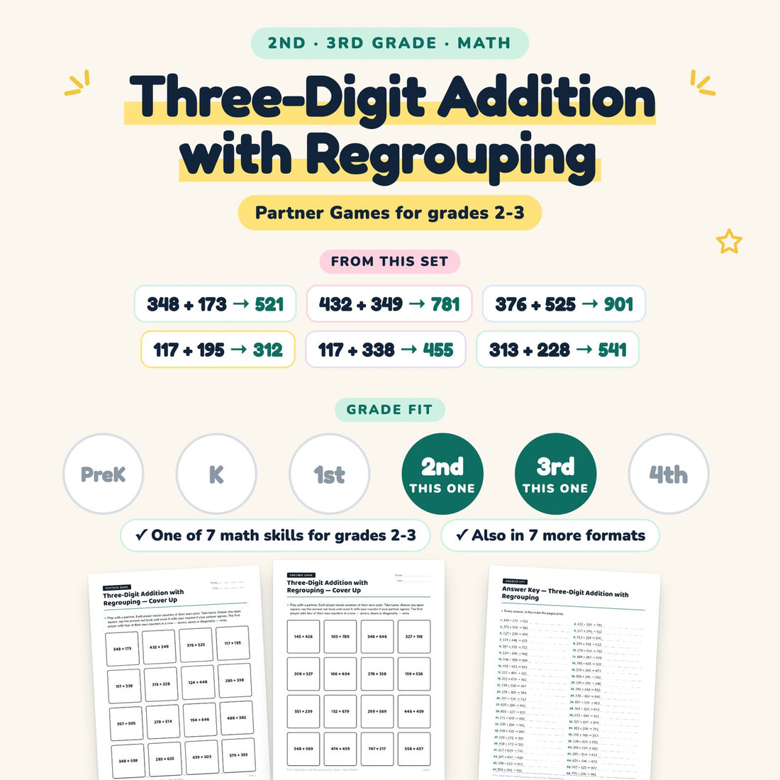 Three-Digit Addition with Regrouping: skill and grade fit