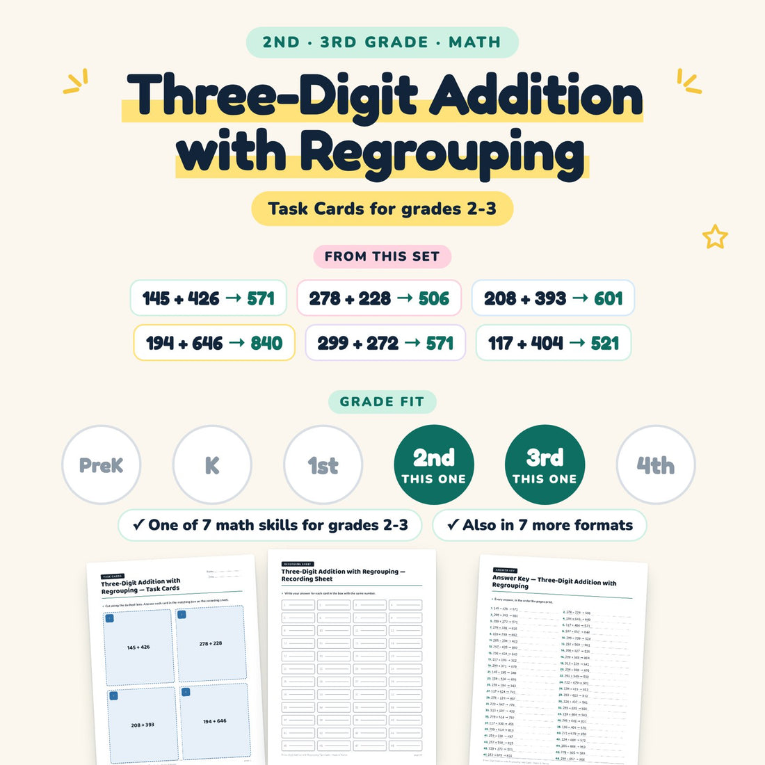 Three-Digit Addition with Regrouping: skill and grade fit