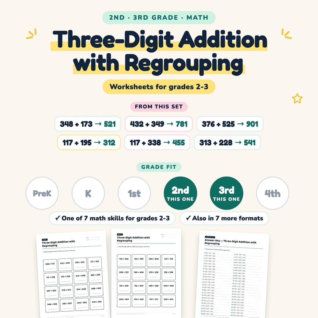 Three-Digit Addition with Regrouping: skill and grade fit