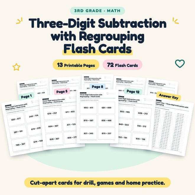72 Three-Digit Subtraction with Regrouping Flash Cards — cover