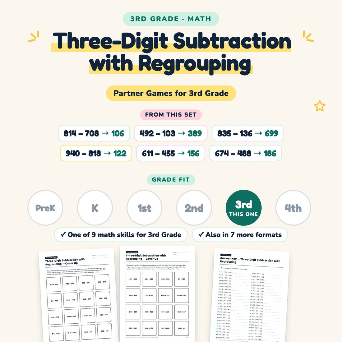 Three-Digit Subtraction with Regrouping: skill and grade fit
