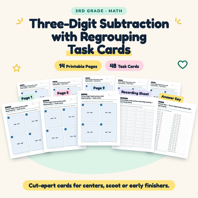 48 Three-Digit Subtraction with Regrouping Task Cards — cover