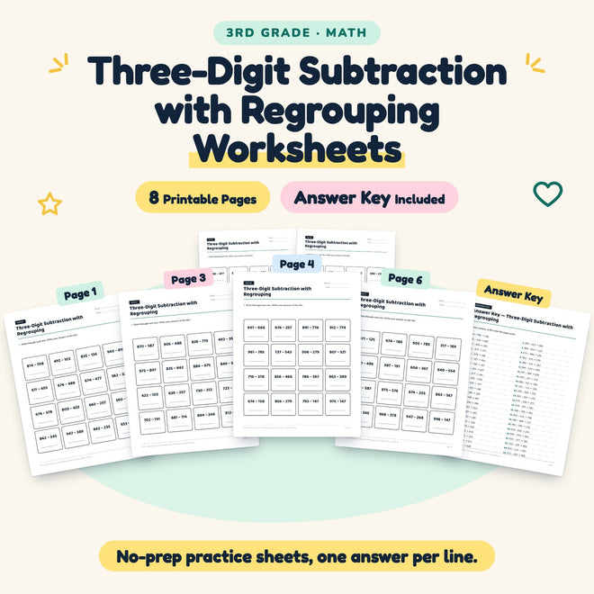 8 Three-Digit Subtraction with Regrouping Worksheets — cover