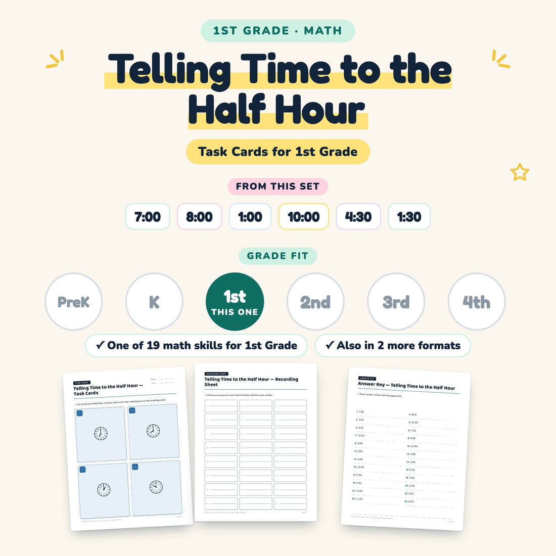 Telling Time to the Half Hour: skill and grade fit