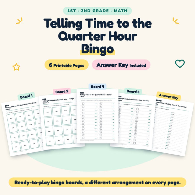 6 Telling Time to the Quarter Hour Bingo — cover