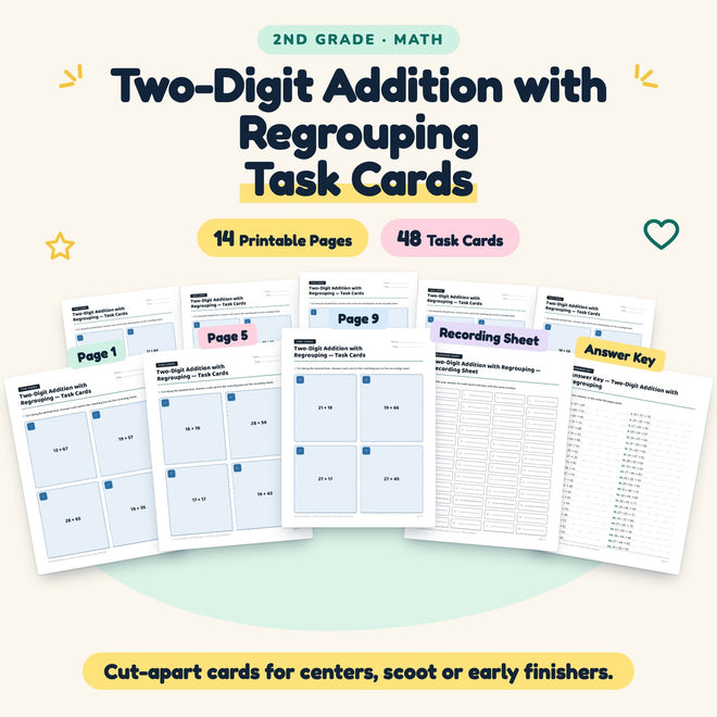 48 Two-Digit Addition with Regrouping Task Cards — cover