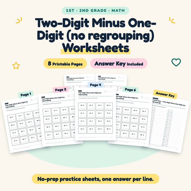 Two-Digit Minus One-Digit Worksheets | 1st–2nd Grade Math — cover