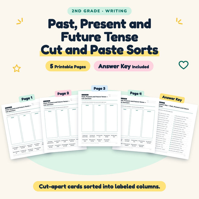 5 Past, Present and Future Tense Cut and Paste Sorts — cover