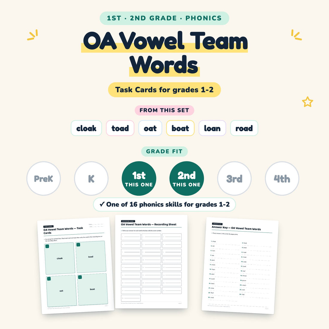 OA Vowel Team Words: skill and grade fit