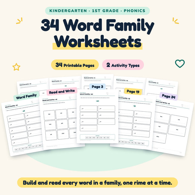 34 Word Family Worksheets - 17 CVC Word Families - No Prep K-1 — cover
