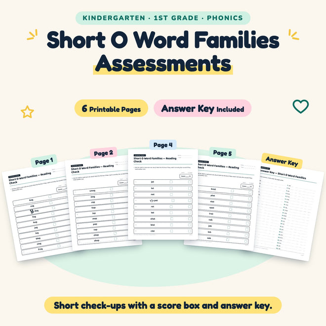 Short O Word Families Assessments | K–1st Grade (4 Pages) — cover