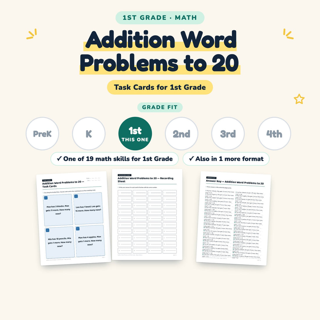 Addition Word Problems to 20: skill and grade fit