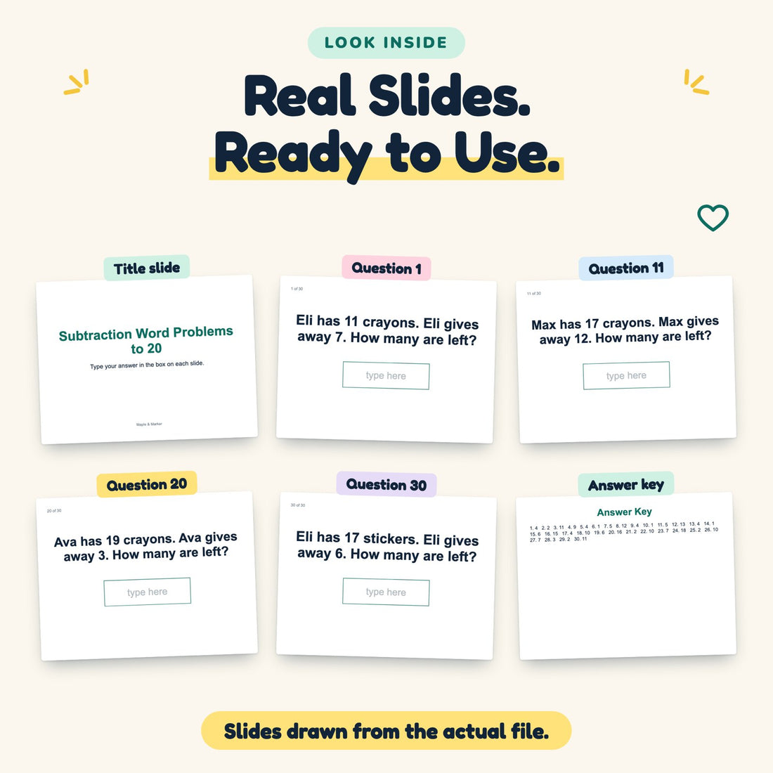 Subtraction Word Problems to 20 digital deck: look inside