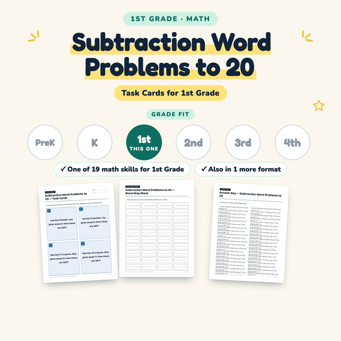 Subtraction Word Problems to 20: skill and grade fit