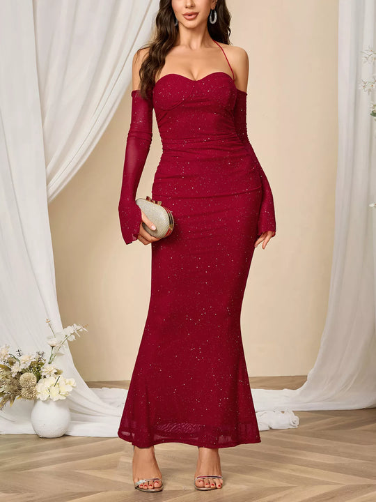 Romilly — Glitter Sweetheart Neck Long Sleeve Maxi Dress