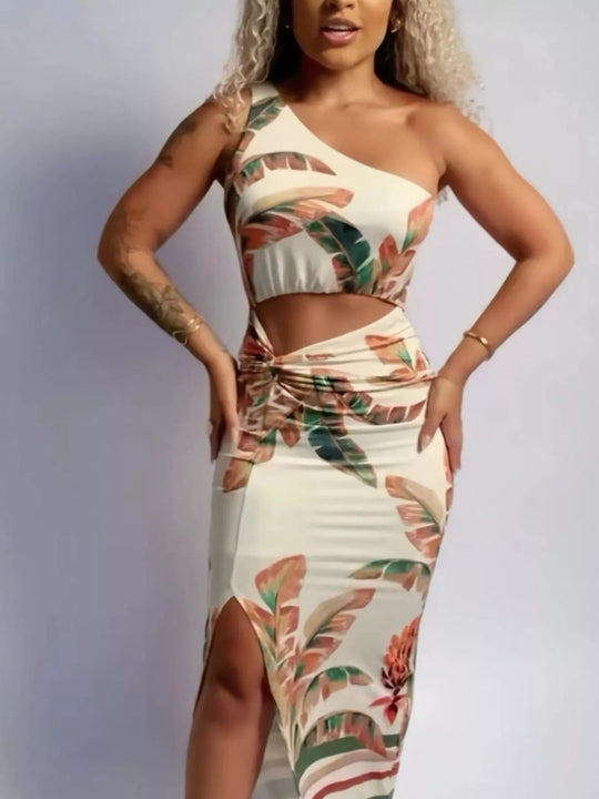 Verena — Tropical Print One-Shoulder Cut-Out Maxi Dress