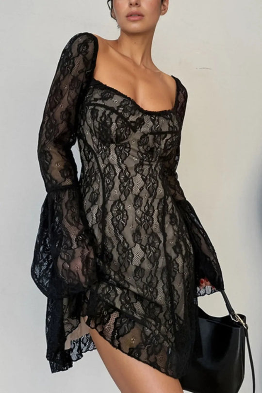Beatrice — Lace Sweetheart Neck Flare Sleeve Mini Dress