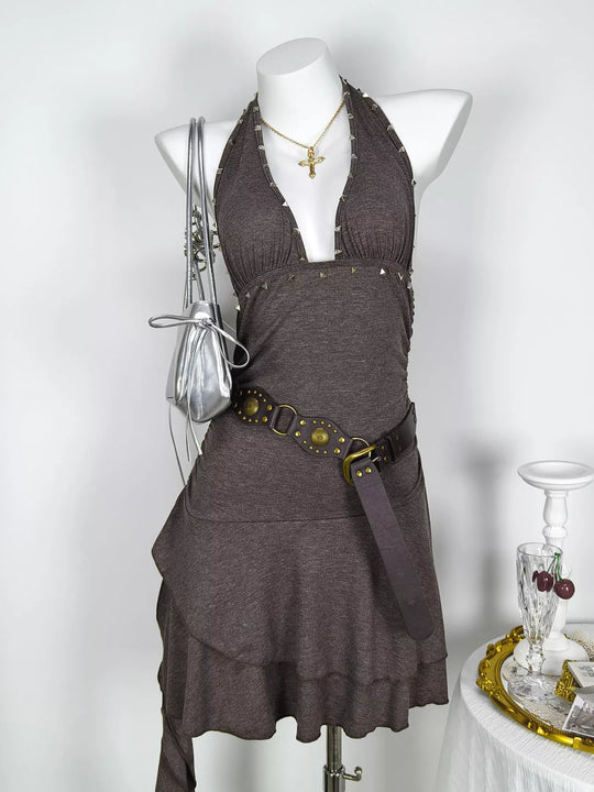Sienna — Studded Halter Neck Ruffle Hem Mini Dress