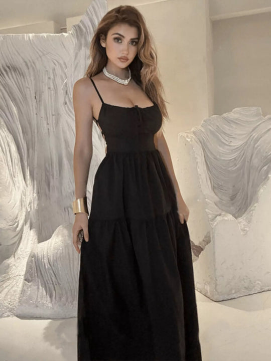 Katya — Backless Lace Up Spaghetti Strap Maxi Dress