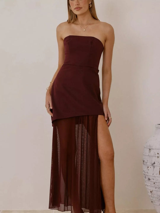 Rhea — High Slit Mesh Tube Maxi Dress